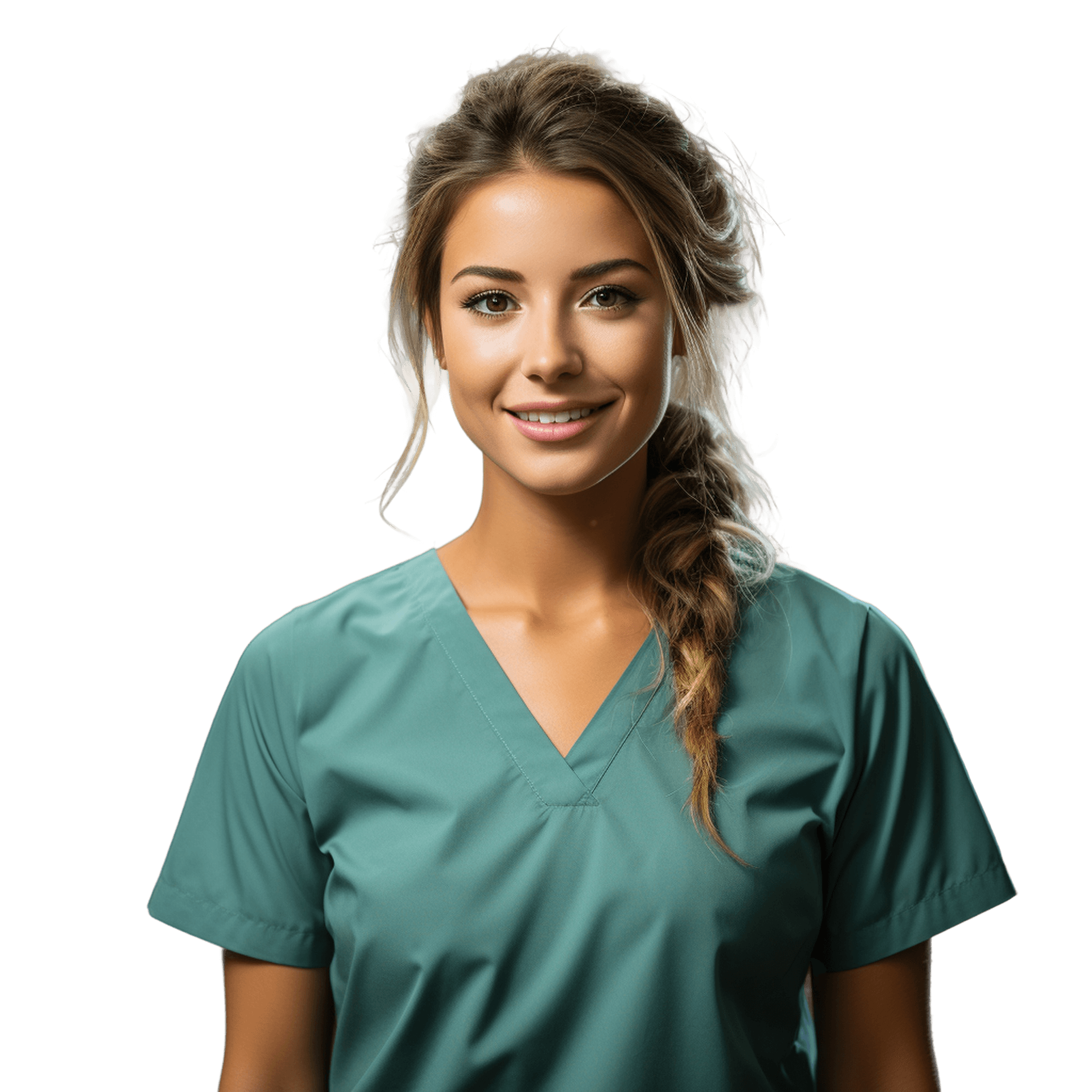 Smiling healthcare professional in teal scrubs